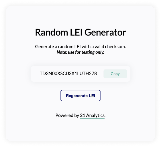 21 Analytics' LEI Generator Screenshot