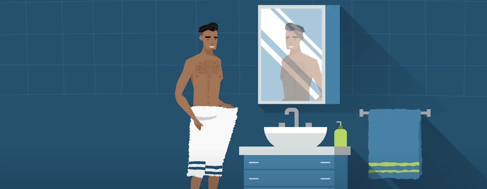 Homem a aparar os pelos púbicos com Gillette Styler e Gillette Body, ilustrando etapas de cuidados pessoais.