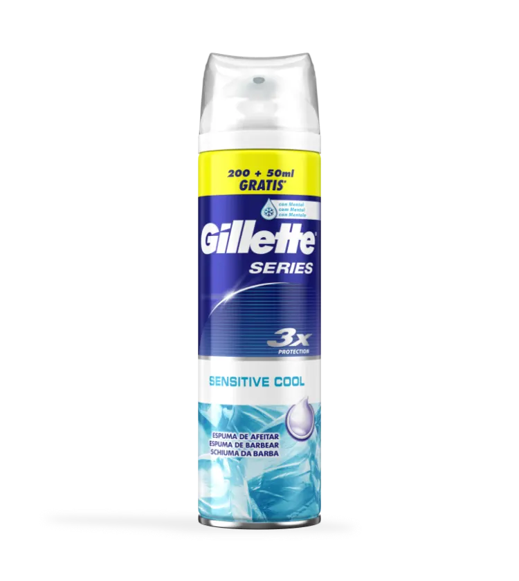 Espuma De Barbear Gillette Series Sensitive Cool no cartão do produto exibido no artigo