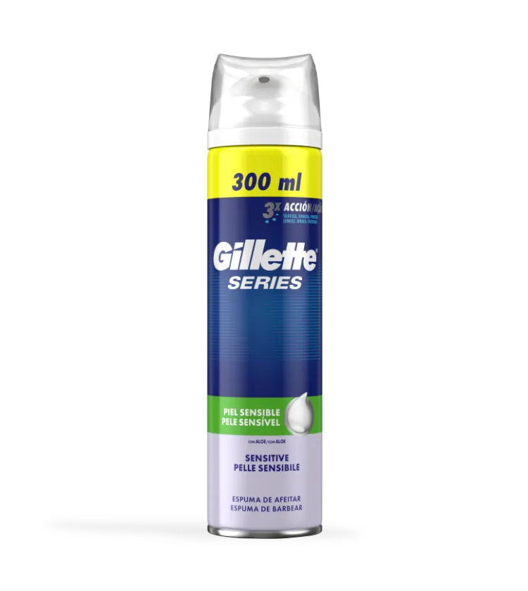 Espuma Gillette Series Para Pele Sensível no cartão do produto exibido no artigo