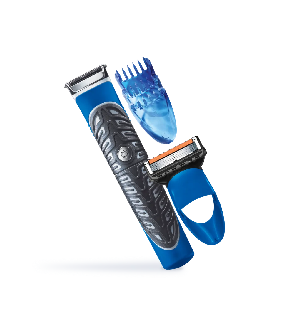 Aparador multifunções Gillette Styler com três pentes de encaixe, concebido para aparar, barbear e modelar os pelos do corpo.