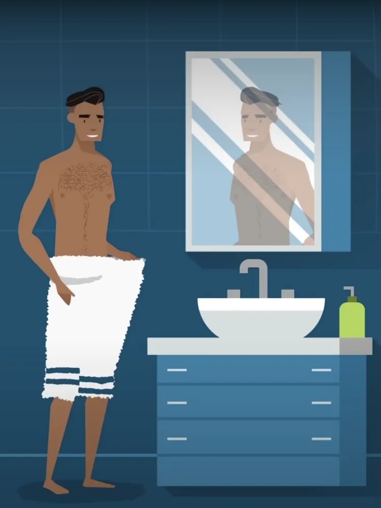 Homem a aparar os pelos púbicos com Gillette Styler e Gillette Body, ilustrando etapas de cuidados pessoais.