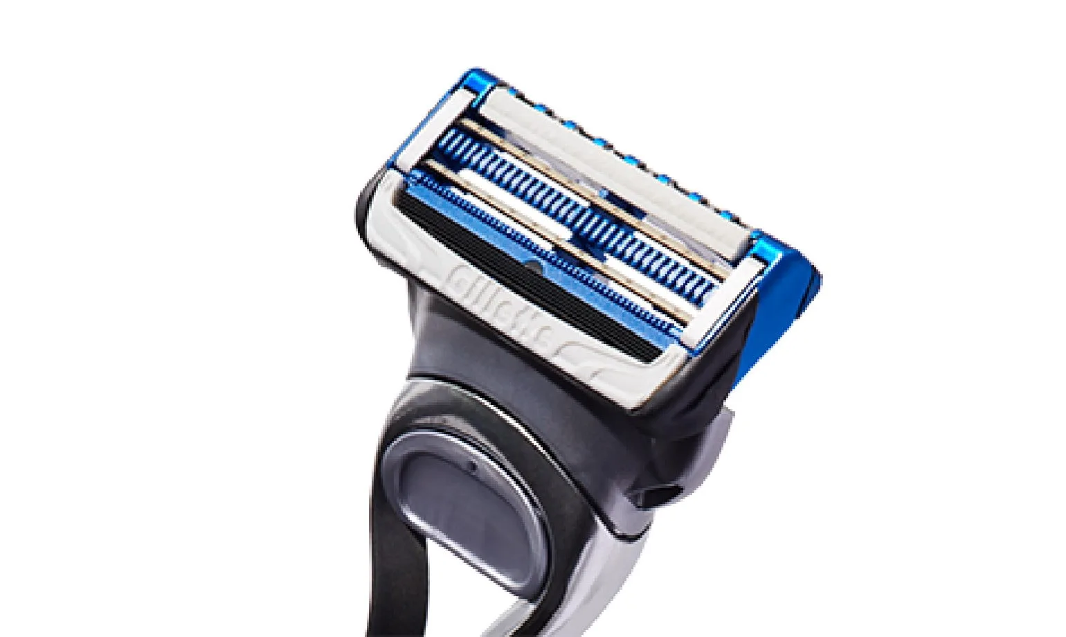 Close-up da cabeça de lâmina de barbear Gillette com várias lâminas e detalhes em azul e branco
