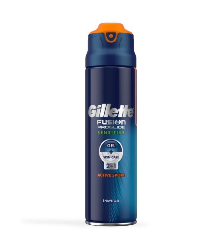 Gel Gillette Fusion&reg; ProGlide&reg; 2 em 1 Active Sport no cartão do produto exibido no artigo