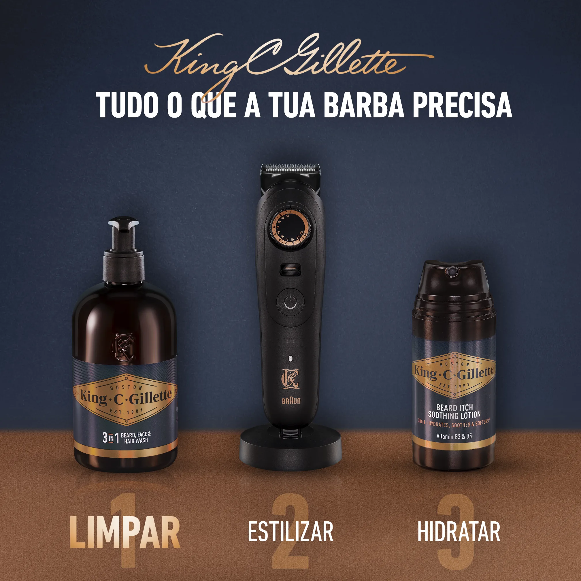 Frascos de gel de lavagem King C. Gillette alinhados sobre fundo castanho