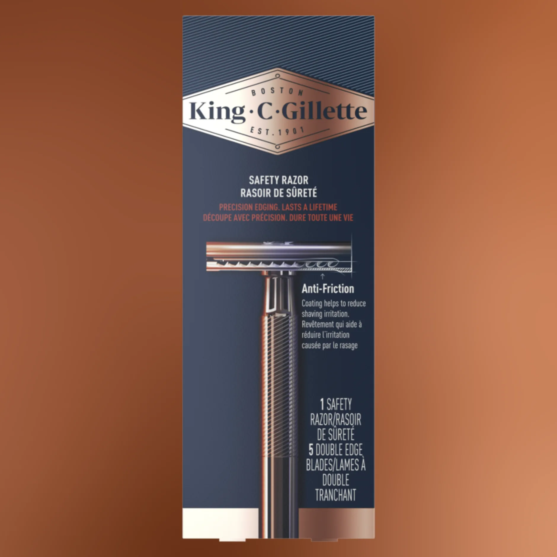 Manche de rasoir de sûreté à double tranchant King C. Gillette pour hommes avec 5 lames de rechange à double tranchant