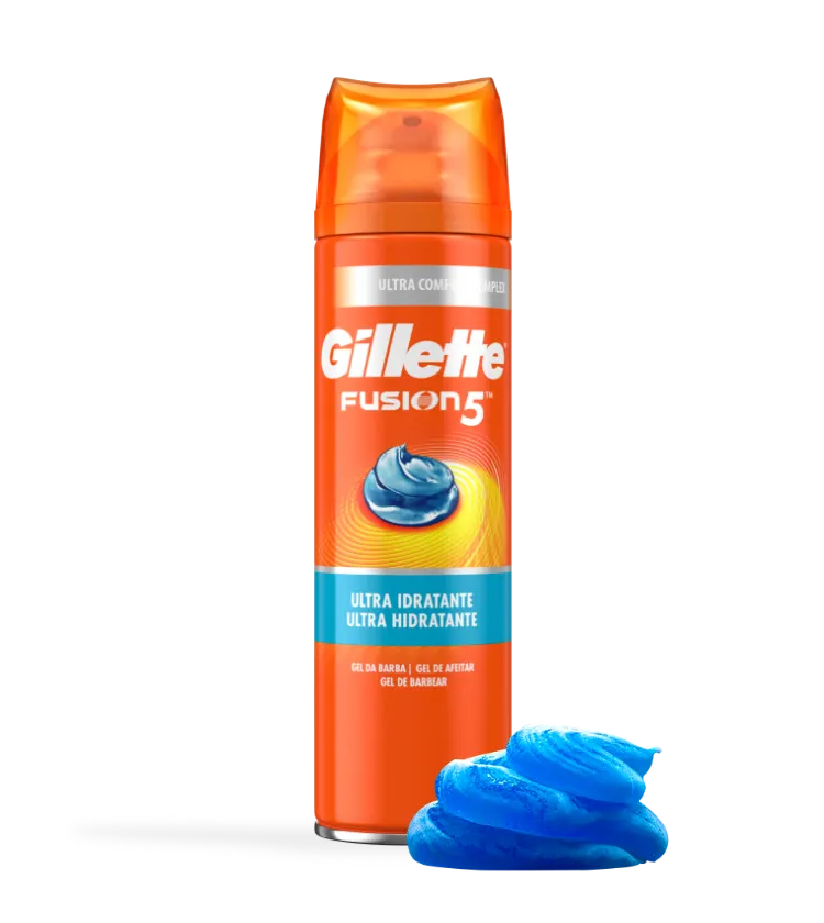 Gillette Fusion5 Gel De Barbear Ultra Hidratante no cartão do produto exibido no artigo