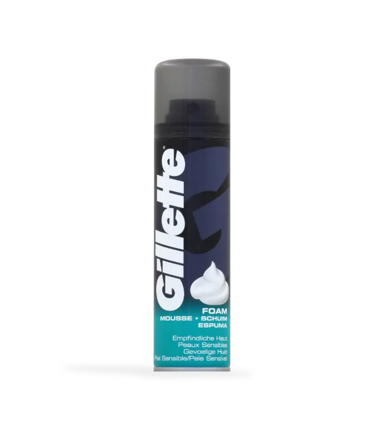 Espuma Gillette Classic Para Pele Sensível no cartão do produto exibido no artigo