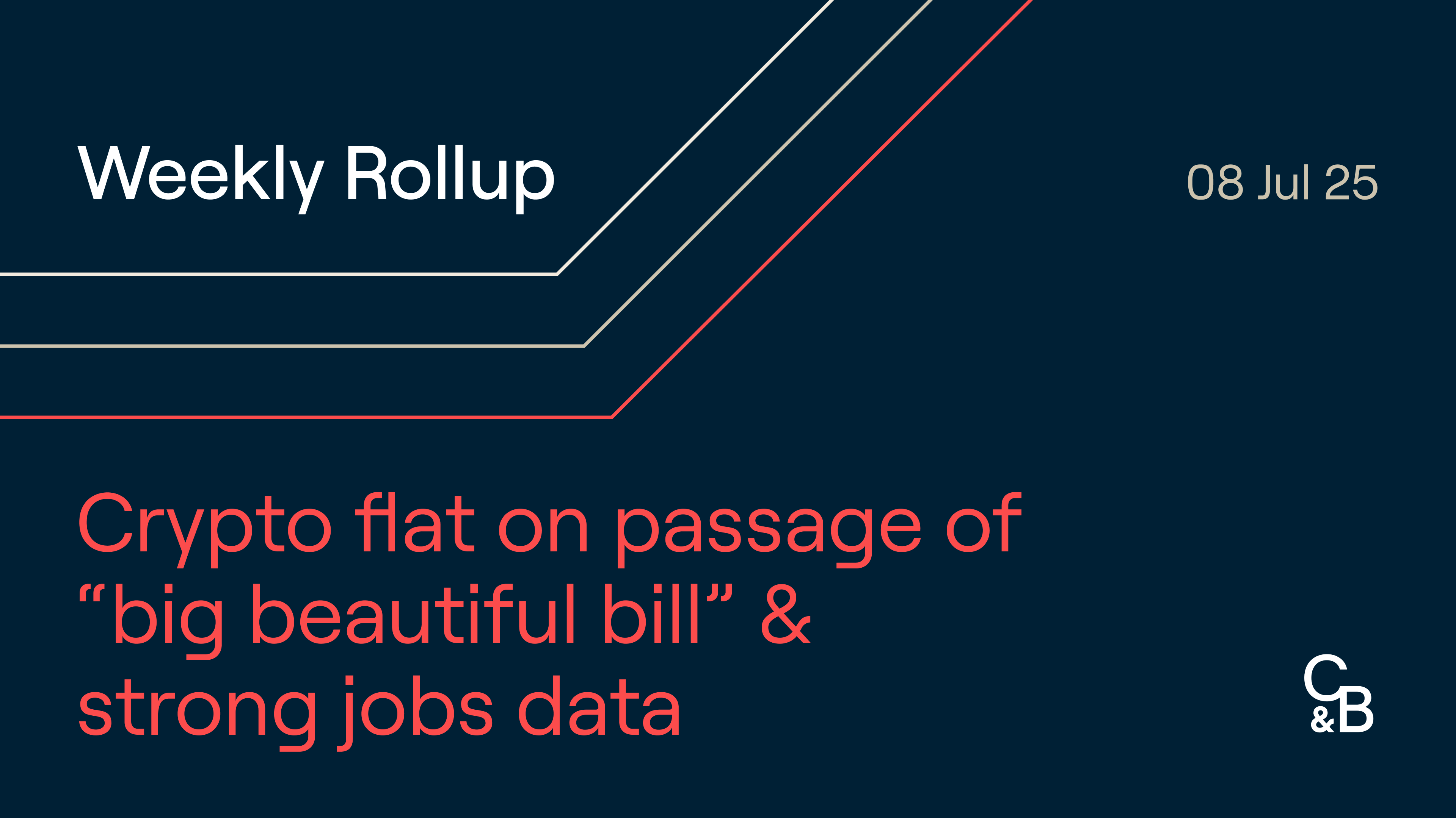 Crypto flat on passage of “big beautiful bill” & strong jobs data. Plus, a dormant  BTC whale moved 80,000 BTC, and U.S. House Republicans shift focus to  progressing major crypto bills.