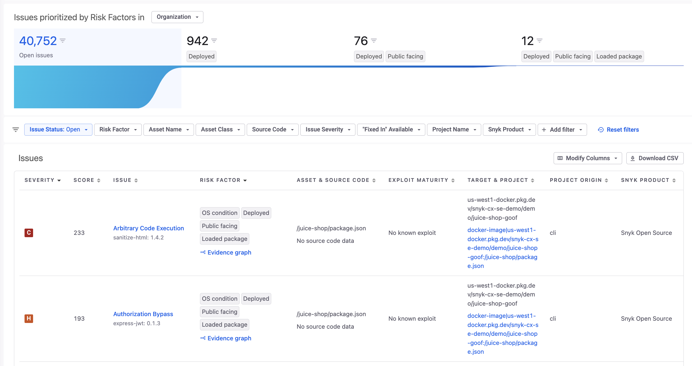 Snyk Runtime Insights and risk factors