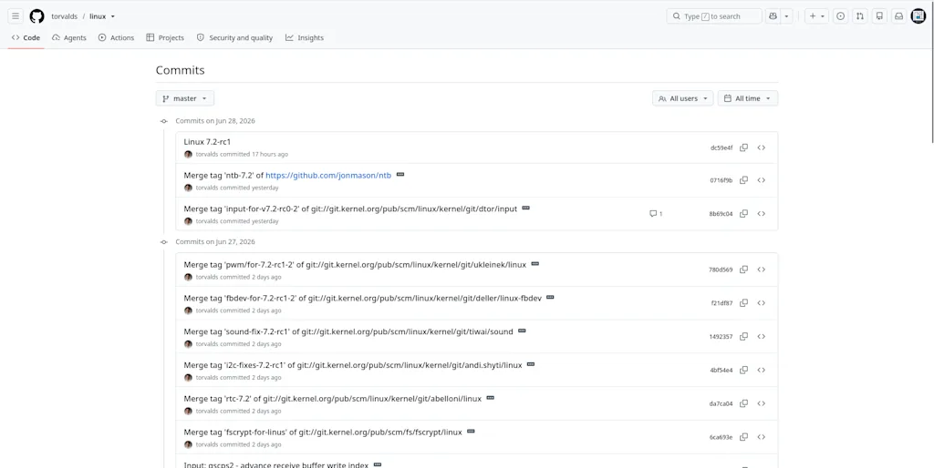 GitHub commit history showing a list of commits with messages.