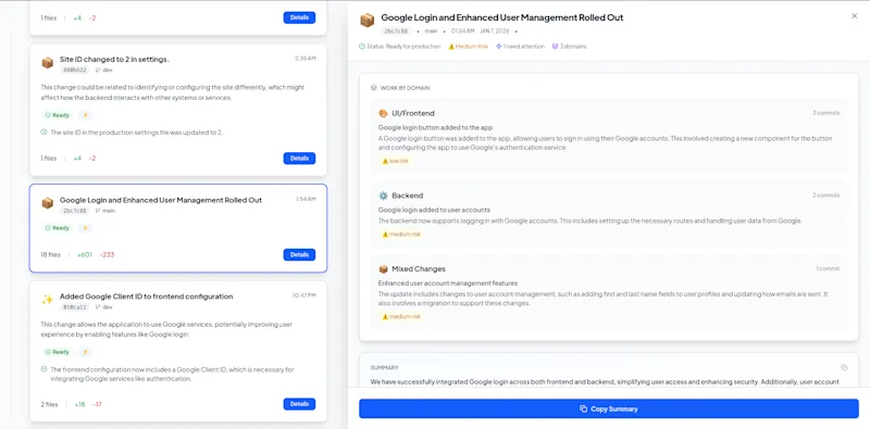 Shipanel organizes commits by domain—see what changed in frontend, backend, and more.
