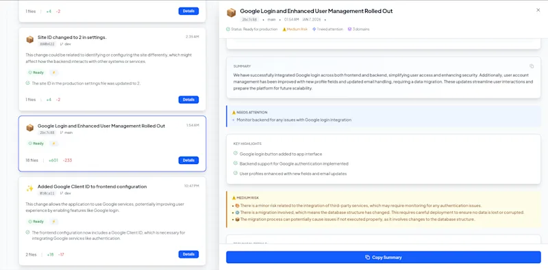 Left: raw GitHub commits. Right: Shipanel's plain English translation with risk flags and key highlights.