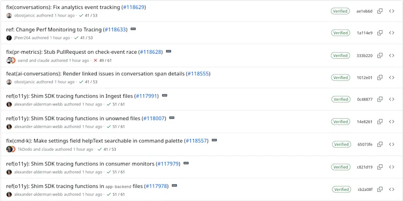 GitHub commit messages showing fix, feat, and chore prefixes.