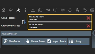 A screenshot showing the OneOcean system's tool for showing active passage and alternative passages.