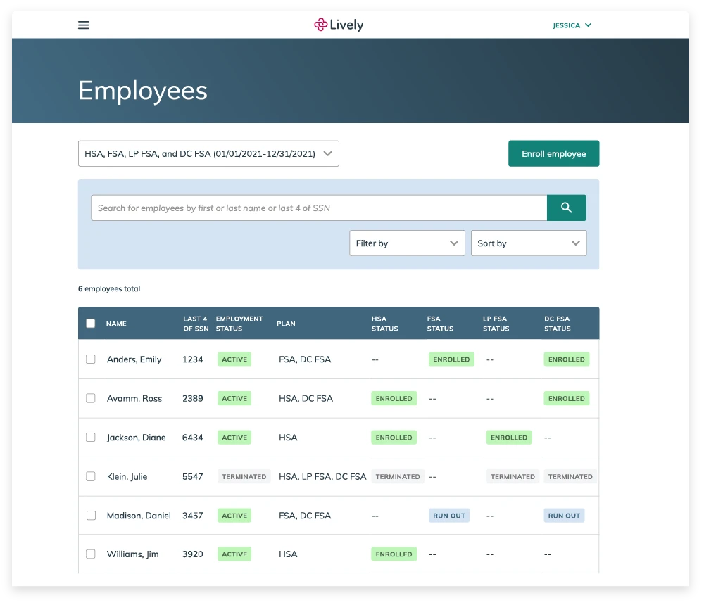 screenshot of employee list in lively software