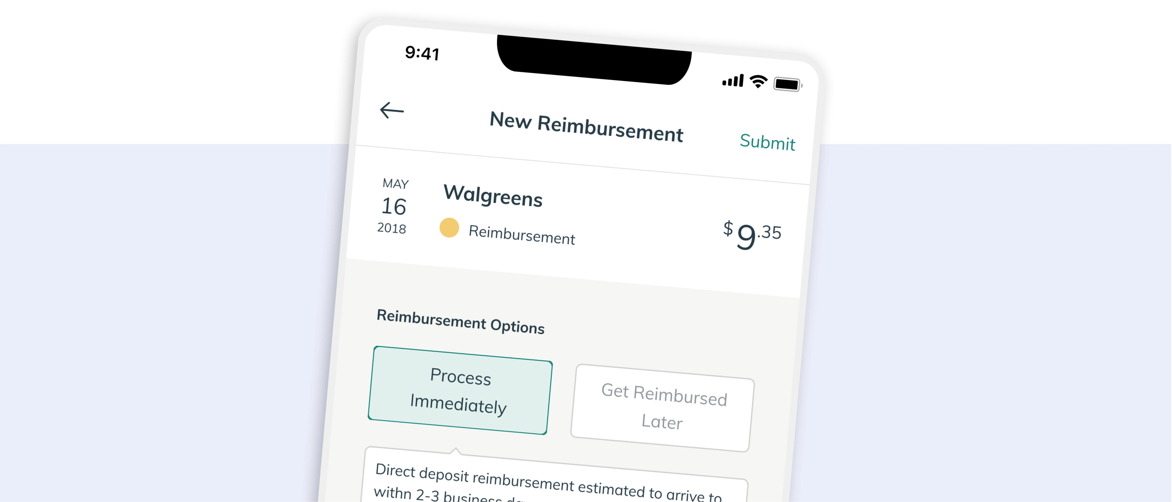App screenshot showing the reimbursement process for HSAs