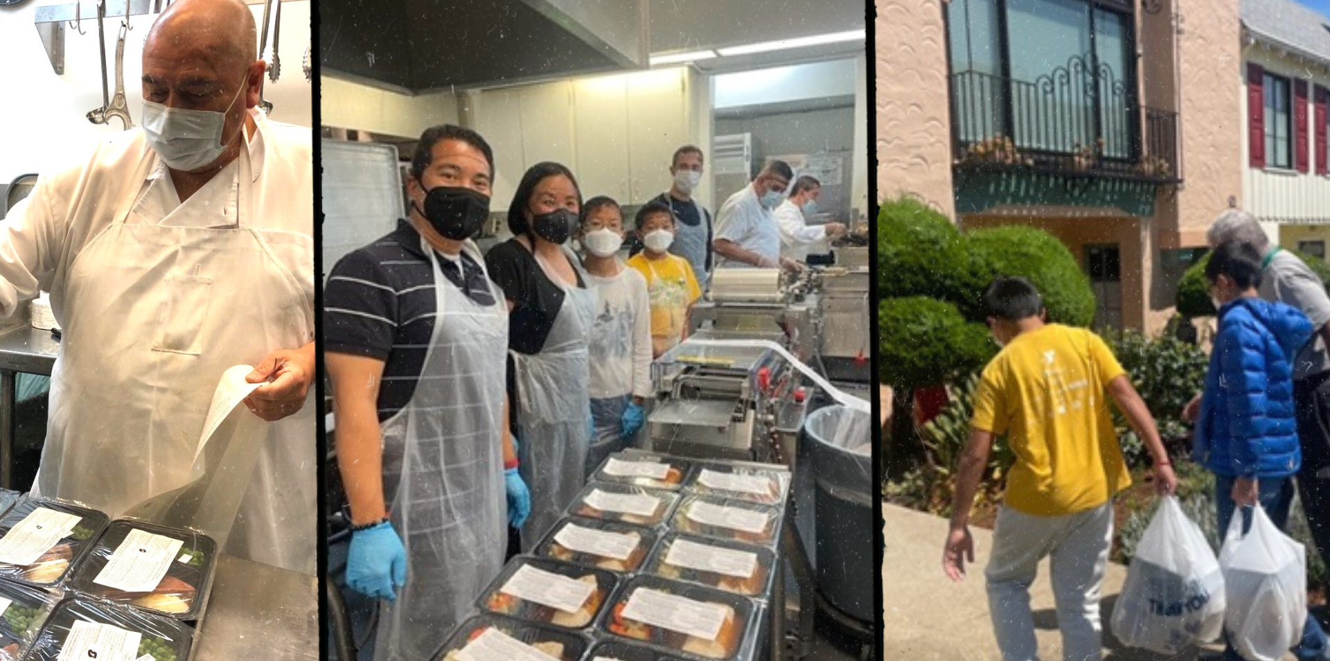 Donor Liz Loh and family gets a behind the scenes look at On Lok Mission Nutrition program. In the first panel, a masked man serves food. In the second panel, Liz Loh and family pose for a photo in the kitchens. In the last photo, her family delivers food to seniors.