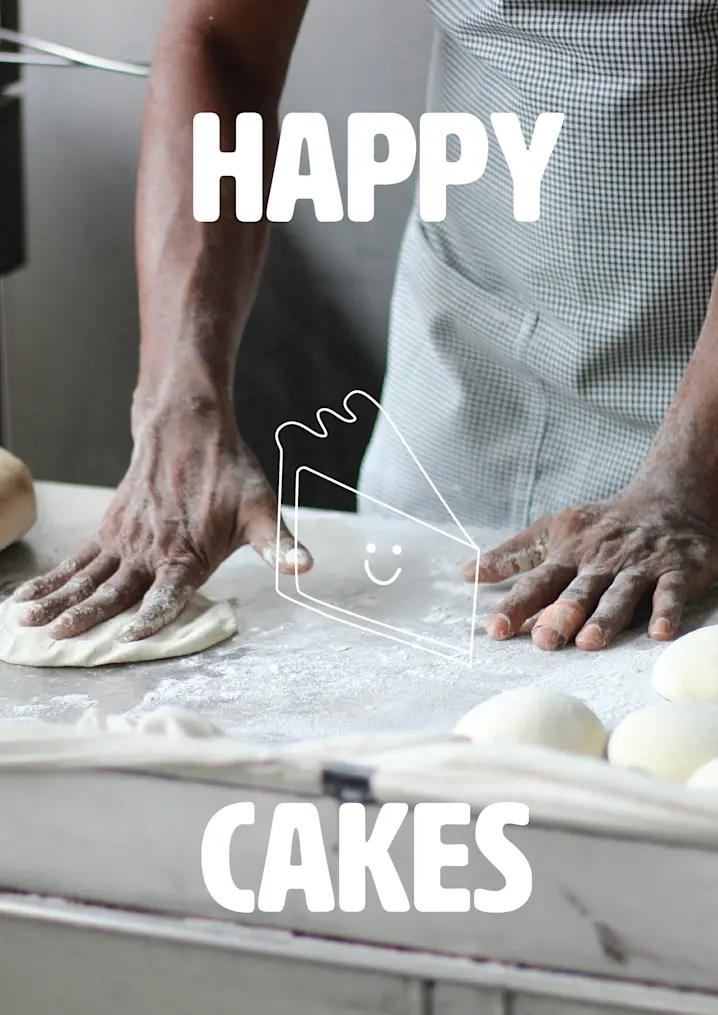 Brand Identity Photo For Happy Cakes Bakery, Emphasizing The Hands On, Artisanal Nature Of The Brand. The Focus On The Baker's Hands Kneading Dough Highlights The Craftsmanship And Dedication To Quality, Reinforcing A Brand Message Centered Around Tradition, Skill, And A Personal Touch In Every Product. The Clean, Bold Typography Used For The Words "HAPPY CAKES" Communicates A Sense Of Joy And Satisfaction, Aligning With The Brand's Promise Of Delivering Happiness Through Baked Goods. The Playful Illustration Of A Smiling Cake Slice Adds A Whimsical, Approachable Element To The Brand, Suggesting That The Products Are Not Only Delicious But Also Fun And Uplifting.