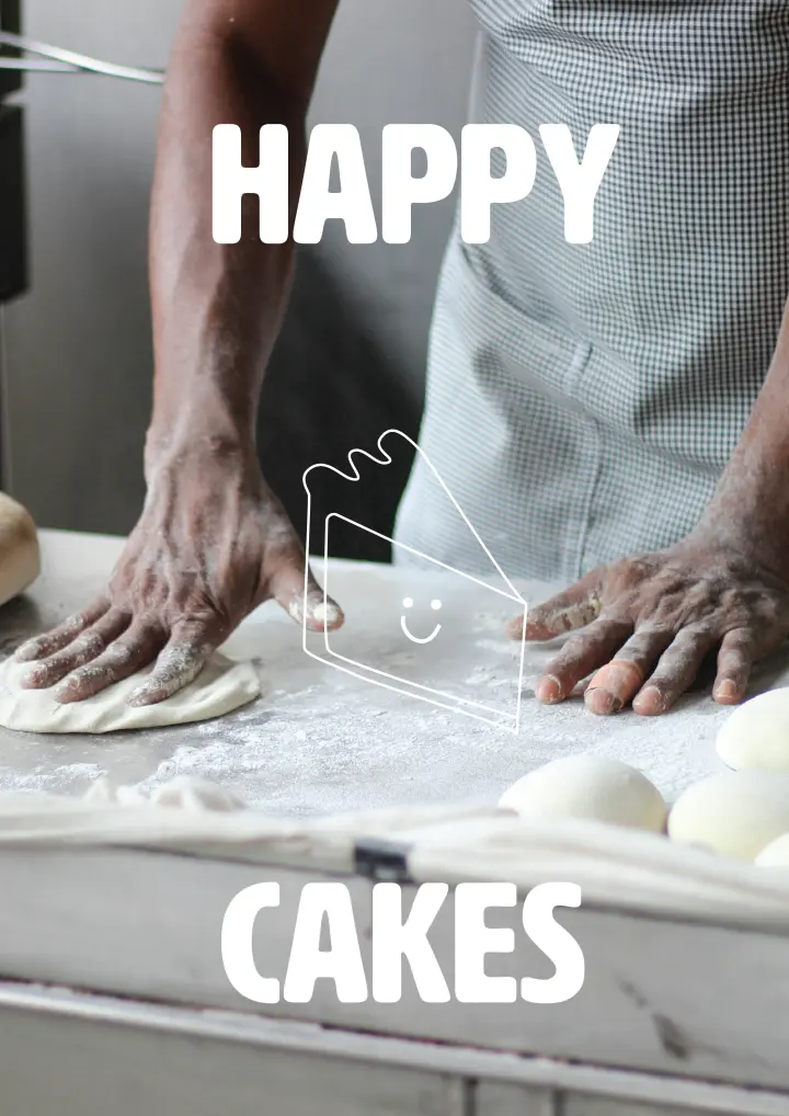 Brand Identity Photo For Happy Cakes Bakery, Emphasizing The Hands On, Artisanal Nature Of The Brand. The Focus On The Baker's Hands Kneading Dough Highlights The Craftsmanship And Dedication To Quality, Reinforcing A Brand Message Centered Around Tradition, Skill, And A Personal Touch In Every Product.  The Clean, Bold Typography Used For The Words "HAPPY CAKES" Communicates A Sense Of Joy And Satisfaction, Aligning With The Brand's Promise Of Delivering Happiness Through Baked Goods. The Playful Illustration Of A Smiling Cake Slice Adds A Whimsical, Approachable Element To The Brand, Suggesting That The Products Are Not Only Delicious But Also Fun And Uplifting.