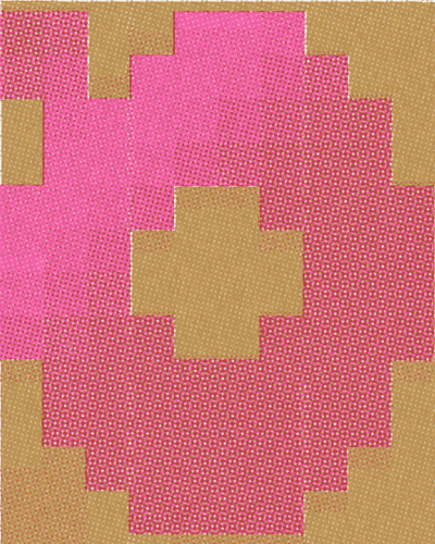 10×12-pisteruudukon X ja vinoneliöaukkoinen O vaihtavat paikkaa viiston pyyhkäisyn takana. Painettu Natural-paperille väreillä Flat Gold, Fluorescent Pink ja Bright Red; Dots-rasteri 6 px, kohdistusheitto 2 px, siemen 3.