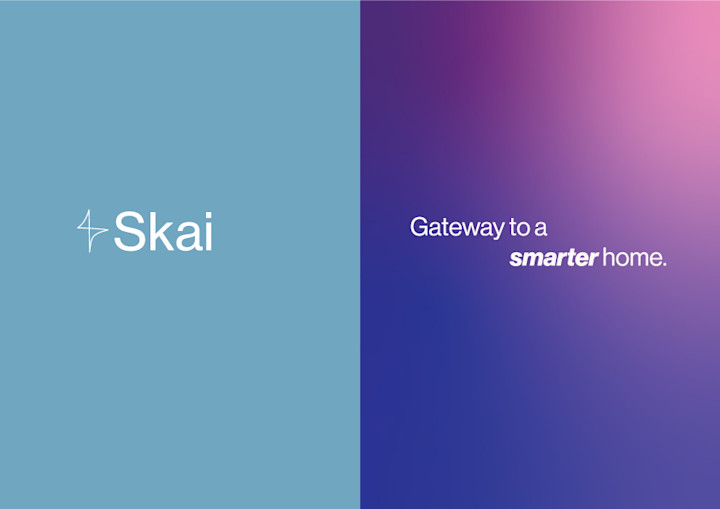 Skai Marketing Materials #1: Advertisements For Skai. Two Panels With Different Styles Of Marketing Ads. The First Ad Has Simple Design With The Brand Name And Logo And The Second Uses Mesh Gradient To Create Modern Look. A Gradient Is A Gradual Transition From One Color To Another.