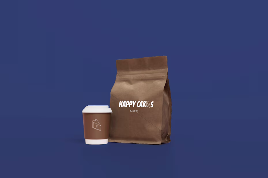 Happy Cakes Brand: The Branding For A Bakery Called Happy Cakes. The Logo Features The Name "Happy Cakes" In Bold White Letters On A Blue Background, Next To A Simple Drawing Of A Smiling Slice Of Cake. The Bakery’s Name And Smiling Cake Slice Logo Are Displayed Together. The Logo Is Shown On Top Of An Image Of Cake Icing Being Piped, Highlighting The Bakery's Focus On Fresh Cakes. The Logo Is Also Featured On A Round Sign Outside The Bakery, Keeping The Branding Consistent. The Image Emphasizes A Cheerful, Welcoming Vibe For "Happy Cakes," Using A Consistent Blue And White Theme.