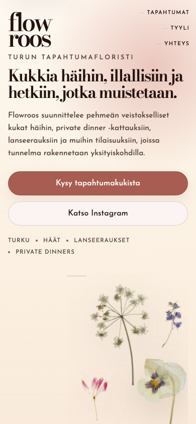 Flowroos landing page on mobile: a single-column stack with the pressed-flower collage below the copy.