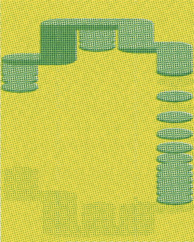 Pinotuista kolikoista rakennettu katto heilahtaa kaaresta V:ksi, ja siitä roikkuu kolme joustavaa kolikkonauhaa. Painettu Natural-paperille väreillä Yellow, Kelly Green ja Blue; Dots-rasteri 6 px, kohdistusheitto 2 px, siemen 7.