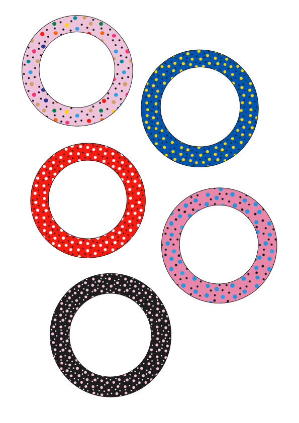 Dot patterns blog hero image: Viisi rengasmuotoa, jokaisessa erilainen monivärinen pilkkukuvio.