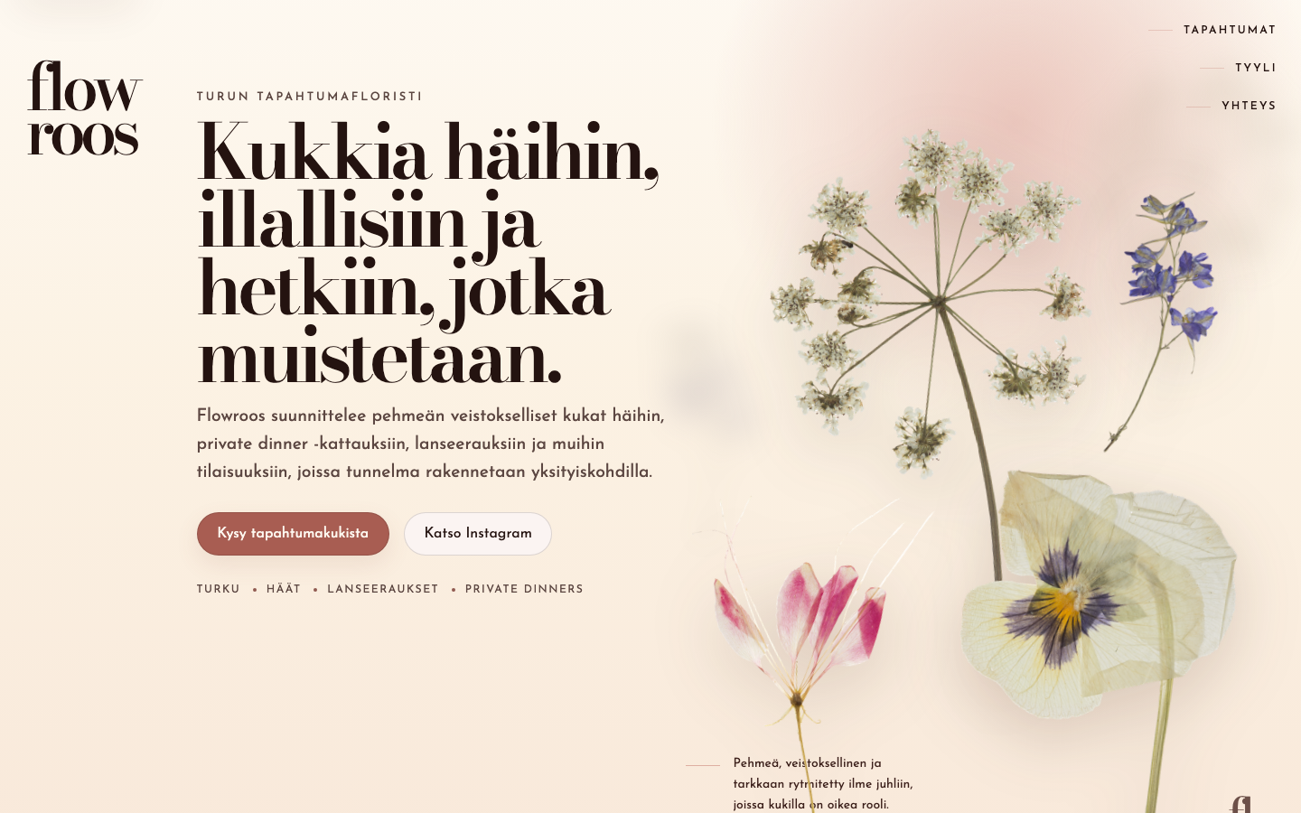 Kansikuva työlle Flowroos — tapahtumafloristin laskeutumissivu