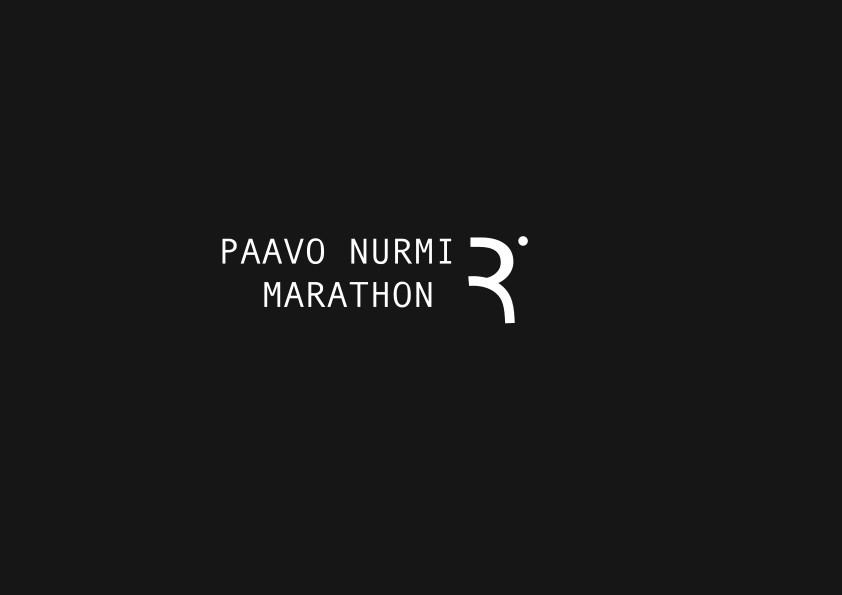 Paavo Nurmi Marathonin logoteksti ja R-monogrammi valkoisena tummalla pohjalla.