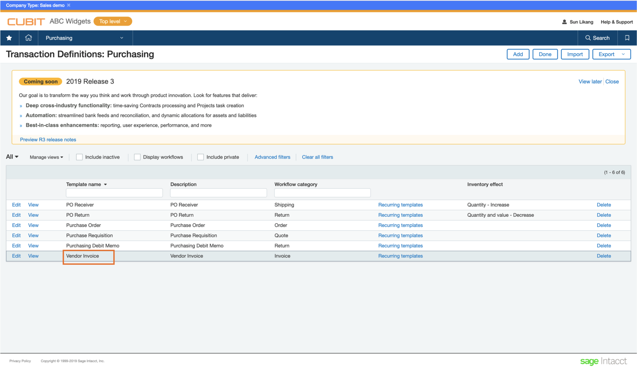 Transaction Definitions page in Intacct - VI