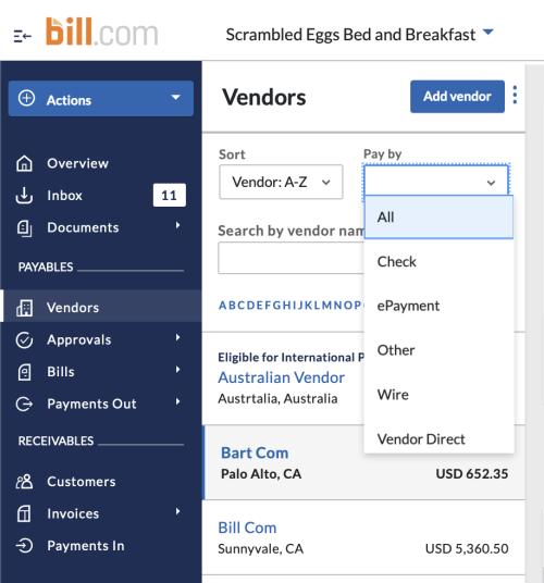 pay by filter on vendors list