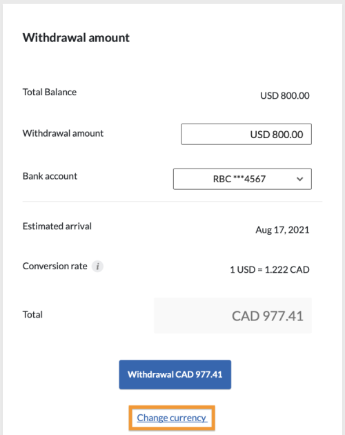 change currency button USD balance confirmation- Canadian account