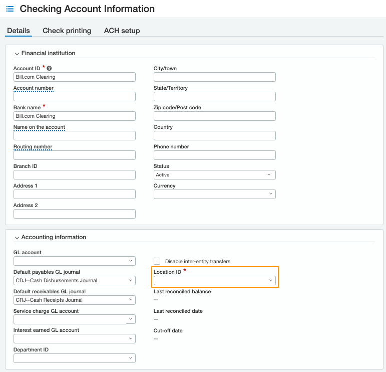AR - Entity ID on Checking account 