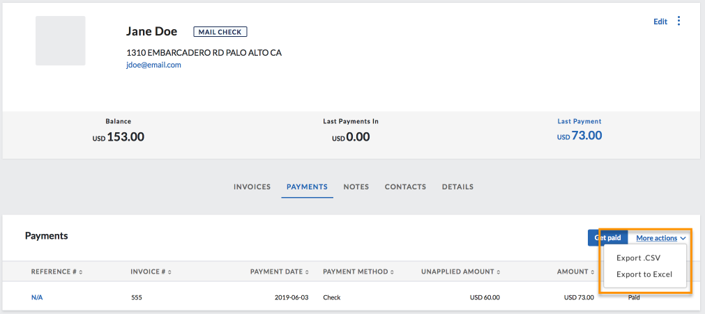 Export customer payments tab