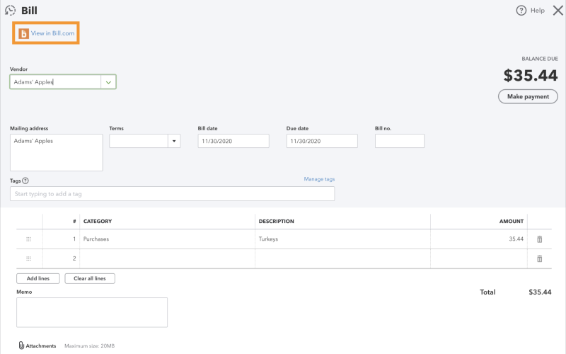 QuickBooks Online Bill Pay View bill in link Support