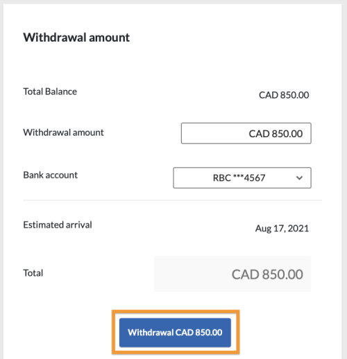 Withdraw button CAD balance confirmation- Canadian account