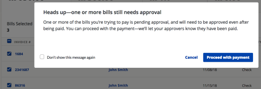 Pay unapproved bill bulk pay warning