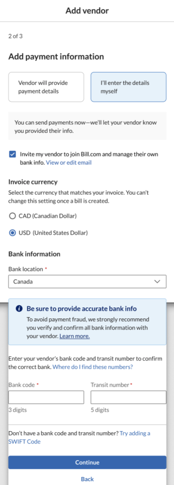 add international vendor screen 3 - enter bank manually