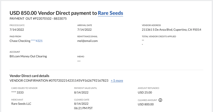Vendor Direct payment confirmation numbers