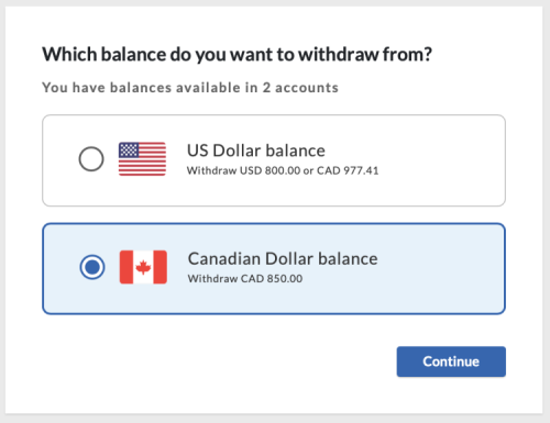 select withdraw currency - Canadian account