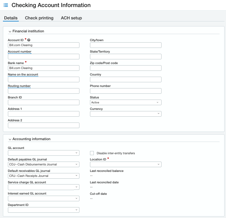 AR - Checking Account info