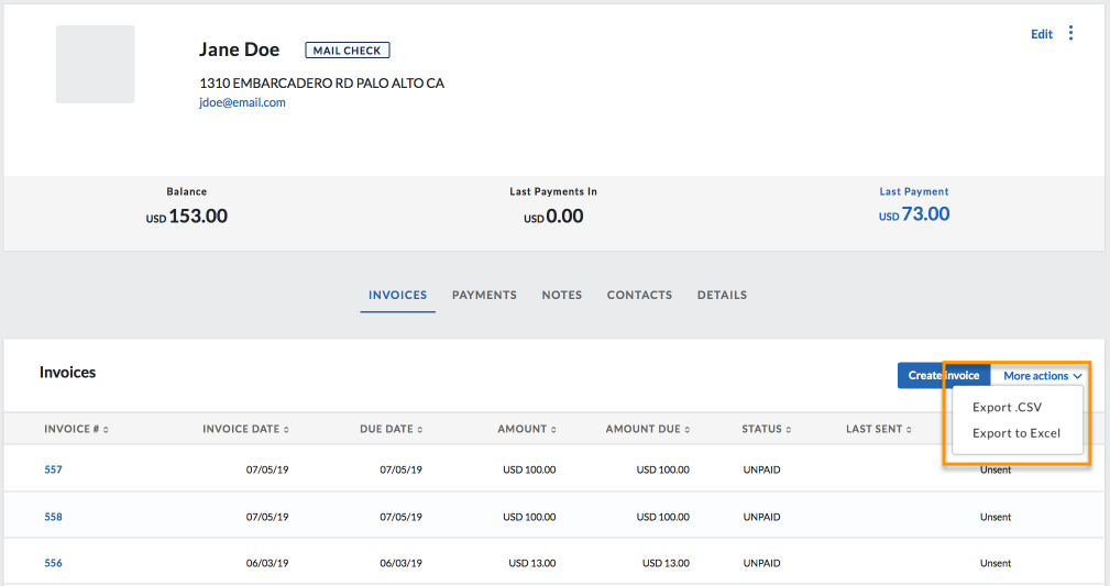 Export customer invoices tab