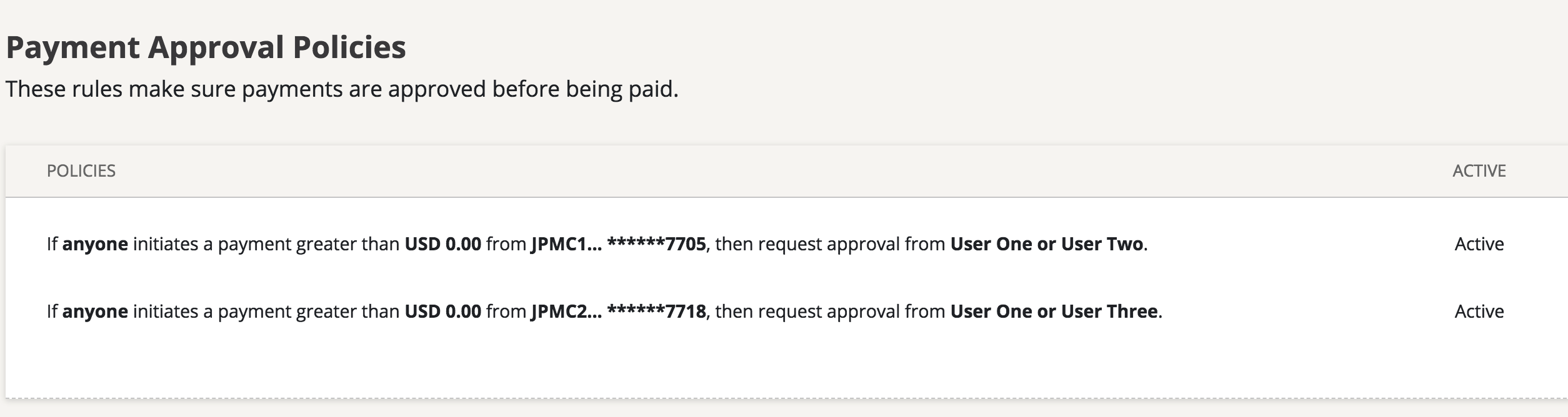 Auth user payment approval policies