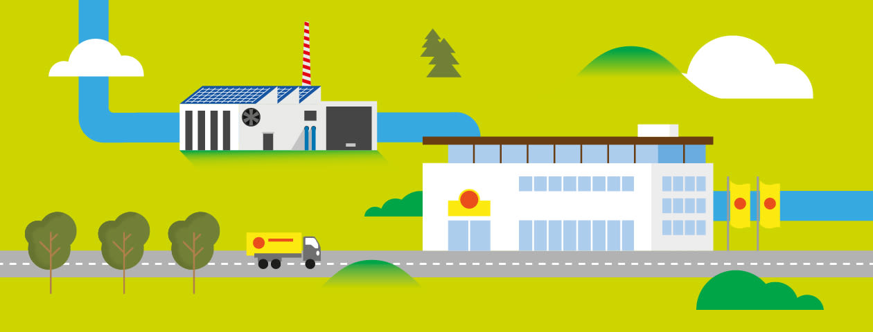 Illustration d'un site d'usine avec un bâtiment administratif et des camions.