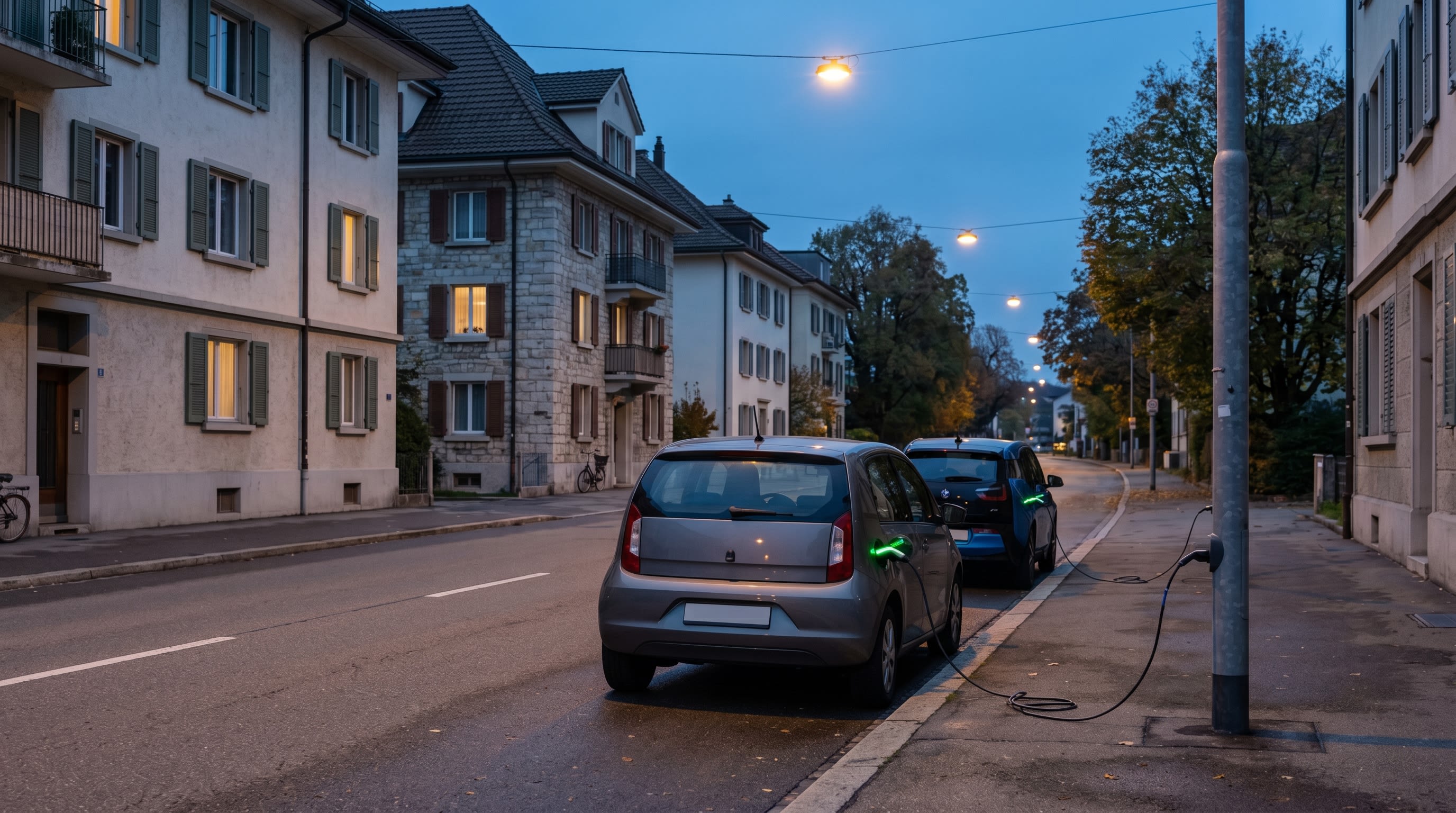 Auto, das nachts an einer öffentlichen Ladestation auf der Strasse aufgeladen wird