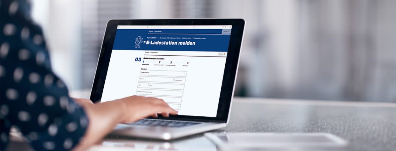 Person sitzt vor dem Laptop und füllt das Anmeldeformular für E-Ladestationen des Kantons Zürich aus.