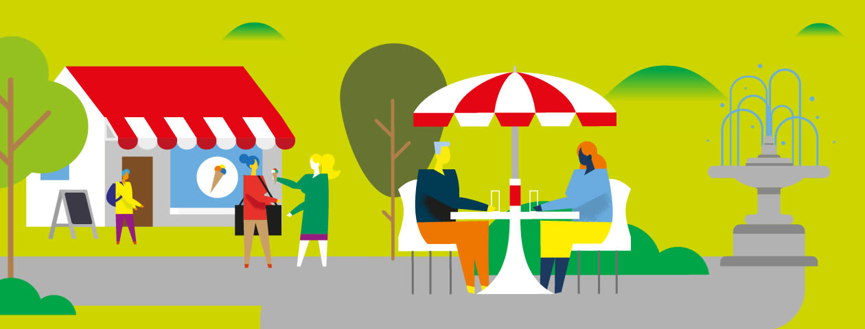 Illustration de deux personnes qui discutent dans un café.